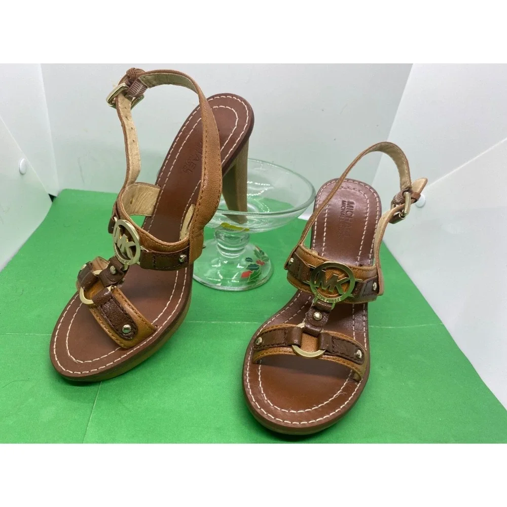 Michael Kors Womens Brown Leather Slingback MK Logo Heels Sandals Size 7M